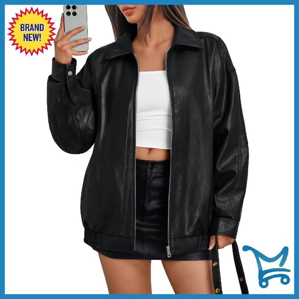 Oversized Faux Leather Bomber Moto Jacket, Women's Medium